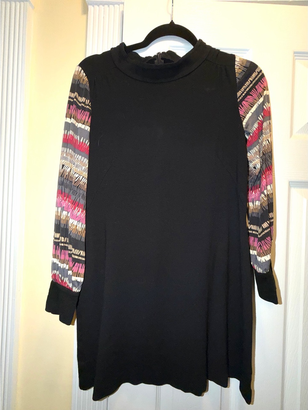 Trina Turk Black Dress with Pink, Gray & Cream Patterned Long Sleeves